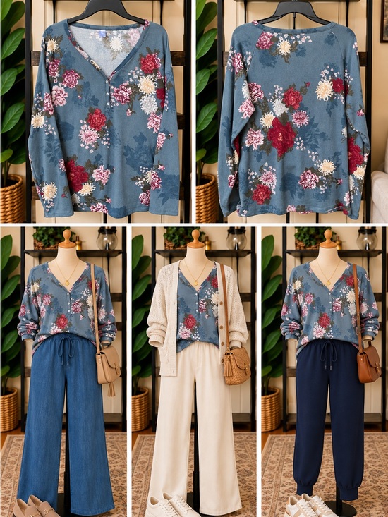 Flora Nikrooz Pants - Super Soft Floral V-Neck Blouse - Blue Multi